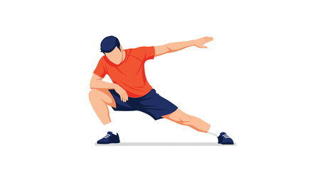 Fototapeta premium Fit man in an orange shirt performs side lunges to strengthen his legs and improve his flexibility during a workout.