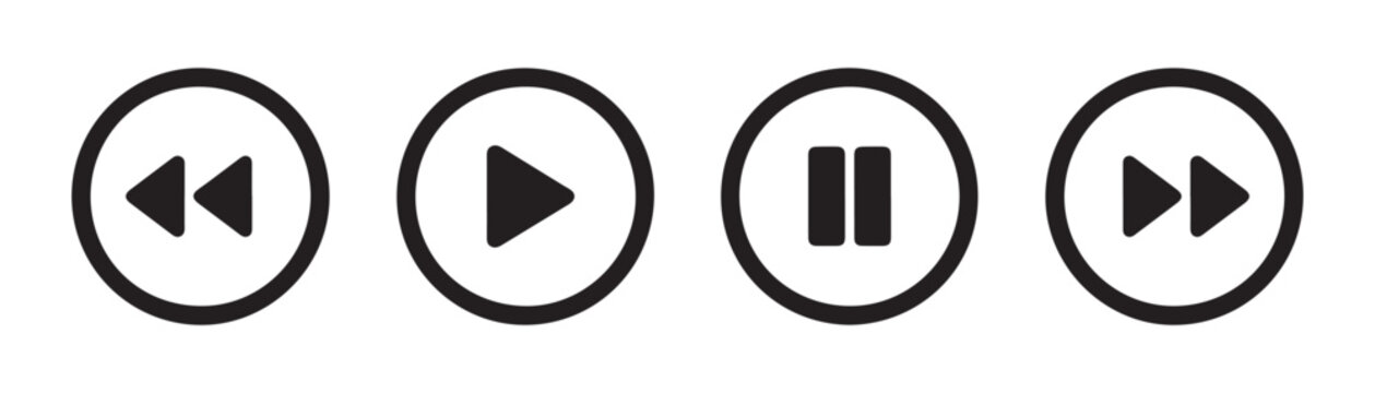 Video playback control buttons including rewind play pause and fast forward symbols for multimedia interface.
