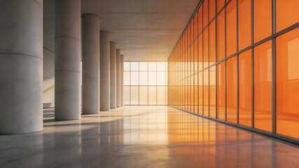 Naklejka premium Modern corridor with columns and orange glass emphasizing environmental sustainability and eco-tourism