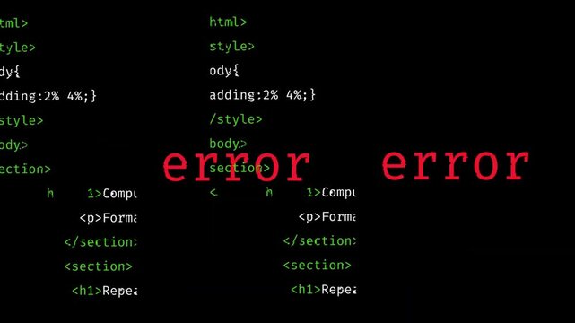 Computer programming code glitches with a flashing red error message on a dark background, digital technology and software development concept.
