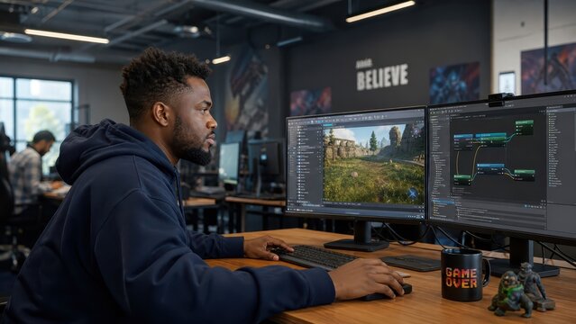 Generative AI, Game Developer Testing 3D Environments on Professional Monitors