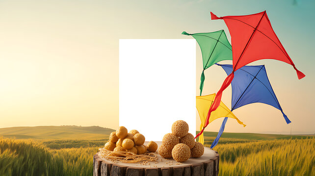 Colorful kites flying over a field with a blank sign and wooden stump holding round objects