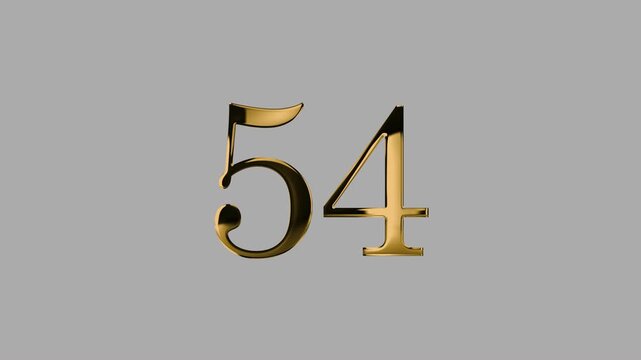 Gold number 54 with a gold particle and a transparent background, number fifty-four