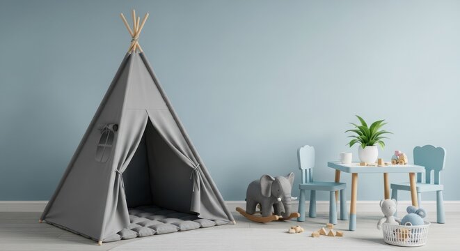 Gray play teepee with toys