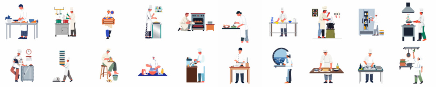 Professional Chef Character Set Performing Various Culinary Tasks in a Commercial Kitchen, Flat Vector Illustration Icons for Restaurant and Food Service.