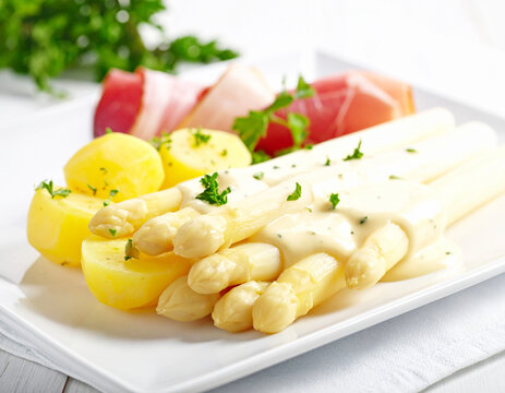 White asparagus with creamy sauce, potatoes and prosciutto, white plate, closeup. AI