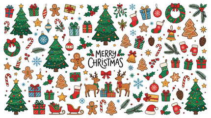 Hand drawn Christmas doodle collection, festive holiday vector elements with reindeer and trees, winter season clip art set for greeting cards © DesignAura