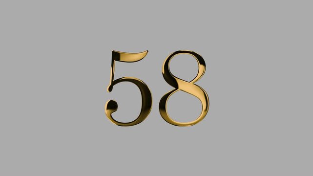 Gold number 58 with gold particle and transparent background, number fifty eight