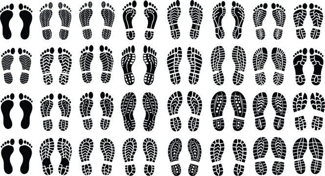 Black and White Footprint Icon Set with Various Shoe Prints, Barefoot, and Track Designs for Sports, Outdoors, and Navigation Concepts