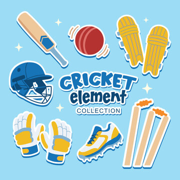 Cricket Sport Equipment Elements Sticker Collection Set