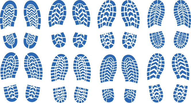 Blue Shoe Prints Collection with Various Footwear Tread Designs for Walking, Running, and Hiking
