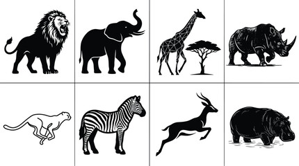 African safari animals vector silhouettes set including lion elephant giraffe rhino cheetah zebra gazelle and hippopotamus in image_5a765f.png © jamal