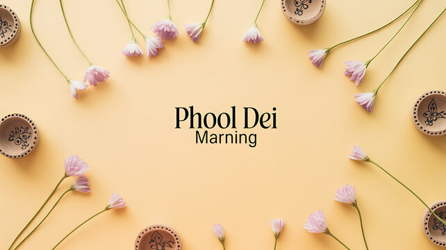Flowers and decorative pots arranged in a circular pattern on a yellow background with text 'Phool Dei Marning'