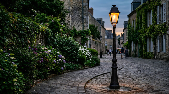 Quaint cobblestone street with lamppost in paris illustration