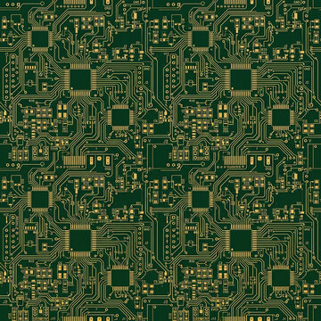 Seamless Circuit Board PCB Pattern &mdash; Green Gold Electronic Technology Background