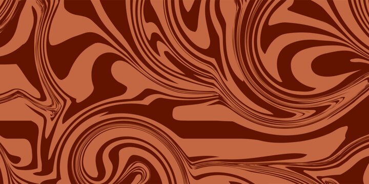 Retro coffee color background. Milk chocolate liquid desert texture. Wavy swirl candy pattern for poster, cover, banner, pamphlet. Vintage brown trippy hippie wallpaper in 60s or 70s style. Vector