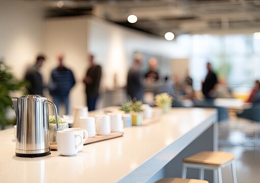 Blurred gathering in bright, modern office kitchen with coffee service