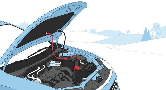 A blue automobile with its hood raised displays the internal engine components connected by jumper cables set against a cold, snowy winter landscape backdrop.