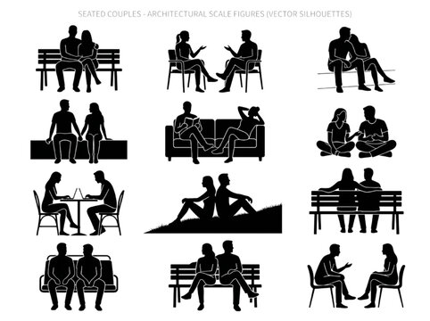 Diverse collection of seated human figures for CAD architectural presentations, offering varied poses and interactions to enhance urban planning and design visualizations