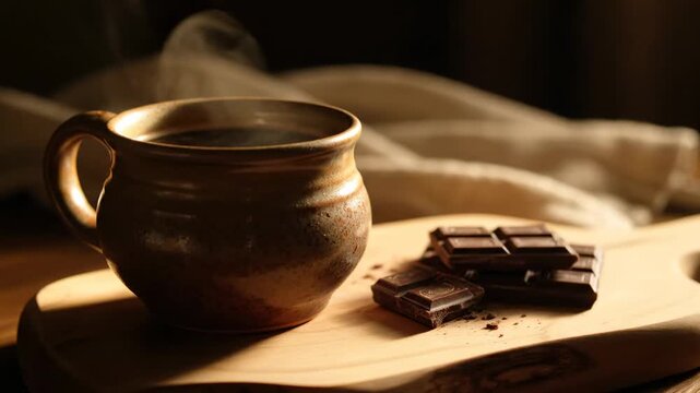 A rustic mug with steaming beverage and dark chocolate squares
