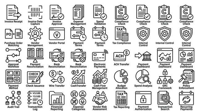 Business accounting icons set, financial management and invoice processing line icons, 48 vector elements for banking and tax compliance