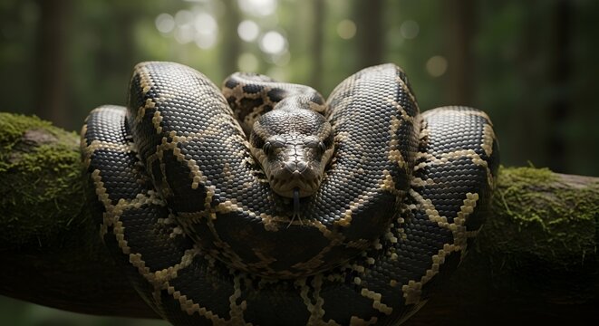 Coiled python snake on mossy log in forest