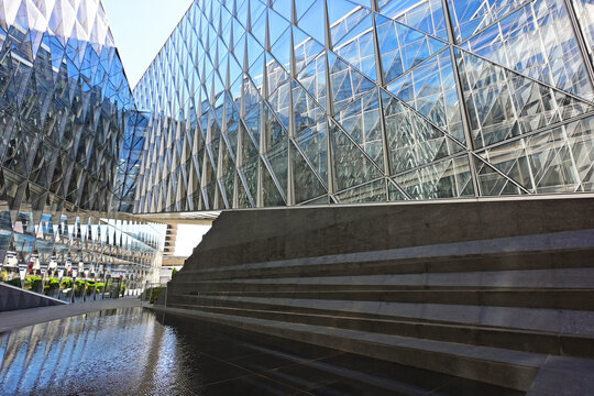 Geneva, Switzerland, Europe :  05.2026 :  Japan International Tobacco (JIT) - headquarters building with self-shading glass facade