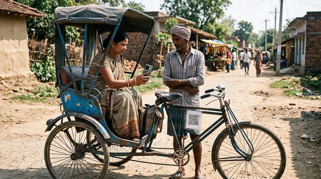 Woman sitting in traditional cycle rickshaw pays driver using digital wallet smartphone technology at rural village road in india showing transition from physical cash to modern electronic payment