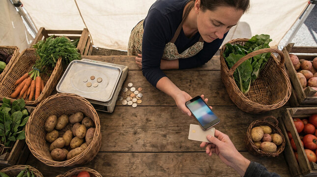 Woman farmer receiving digital payment from customer at local organic market stall during daytime using contactless card reader technology with fresh vegetables displayed in wicker baskets nearby