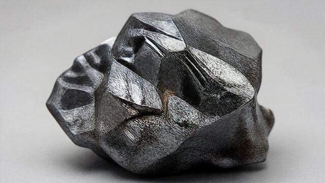 A specimen of black magnetite ore with metallic luster.