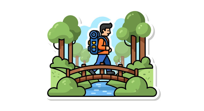 Man walking with backpack on bridge.