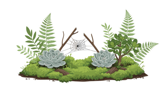A serene digital illustration showcases two succulent plants nestled within vibrant green moss, framed by a delicate spiderweb caught between two rustic wooden twigs on white backg