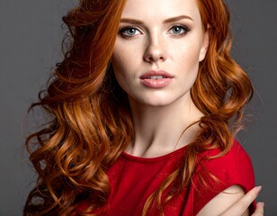 Fototapeta premium Portrait of a young woman with curly red hair and red scarf.