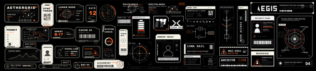Naklejka na ściany i meble Futuristic sci-fi HUD elements and cyberpunk UI kit. Vector collection of security passes, radars, and tech data panels with orange accents.