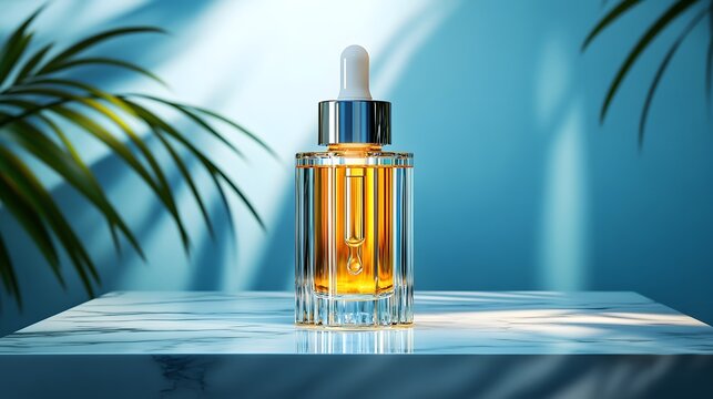 Luxury skincare serum dropper bottle with tropical light and glass reflections