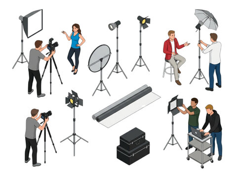 Professional photo studio isometric CAD illustration featuring photographers and lighting equipment