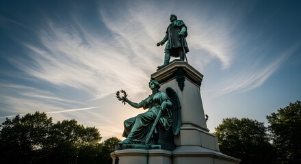 Fototapeta premium Monument with bronze statues against a sunset sky