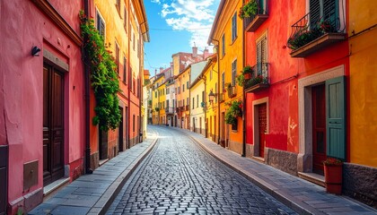 Fototapeta premium Colorful European Cobblestone Street with Vibrant Historic Houses View
