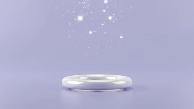 A sleek white ring rotates gracefully in a soft lavender space as shimmering particles descend, eventually settling into a stable horizontal podium for luxury product display.