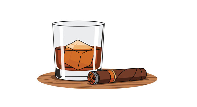 A whiskey glass containing a single large ice cube sits beside a lit brown cigar on a polished wooden surface in this flat vector illustration with warm tones.