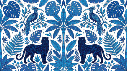 Blue tropical jungle pattern with leopards and exotic birds, botanical palm leaf wallpaper vector, indigo wildlife animal print © DesignAura