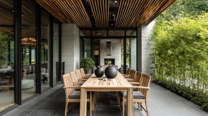 Fototapeta premium Elegant outdoor dining area with long wooden table and chairs, framed by greenery