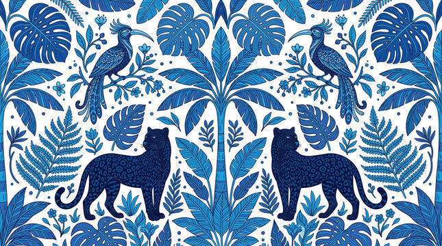 Blue tropical jungle pattern with leopards and exotic birds, botanical palm leaf wallpaper vector, indigo wildlife animal print