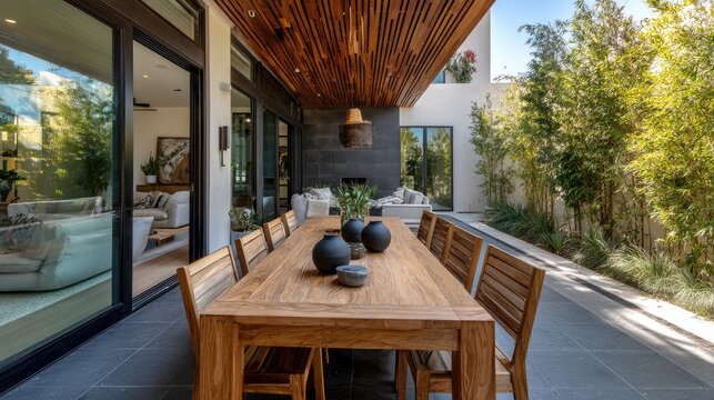 Luxurious outdoor dining patio with modern seating, bamboo, and interior view