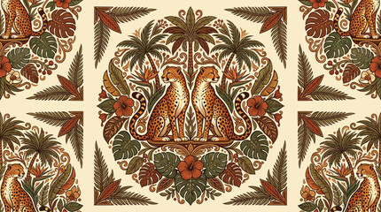 Vintage leopard seamless pattern, tropical jungle animal wallpaper, retro botanical floral vector with palm trees and hibiscus flowers © DesignAura