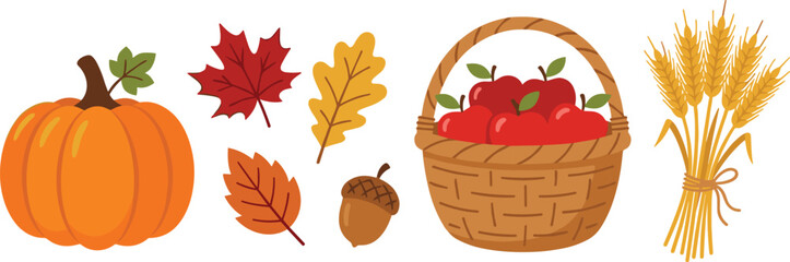 Autumn Harvest Vector Icon Set Featuring Orange Pumpkin Colorful Leaves Acorn Apple Basket and Wheat Sheaf Graphic Designs © Ruhul