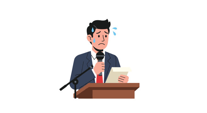 A perspiring businessman in a professional suit stands at a wooden podium holding a microphone and reading from papers during a stressful public speaking event.