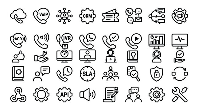 Call center line icons set, customer service and technical support vector elements, VoIP and CRM business communication symbols for web design