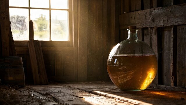 Sunlight through a barn window illuminating a glass demijohn with amber liquid.
