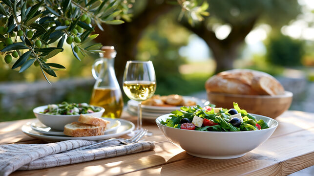 Fresh Mediterranean salad served on a wooden table outdoors with olive oil, white wine, and bread in a sunny garden setting surrounded by greenery